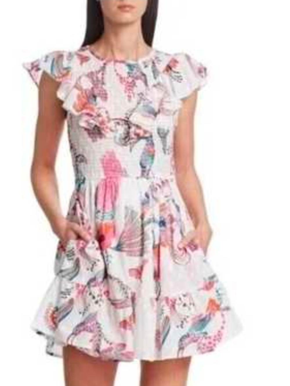 Banjanan Toucan Print Mini Ruffle Sleeve Ilona Bird Dress Cotton Boho Resort S - Picture 2 of 13